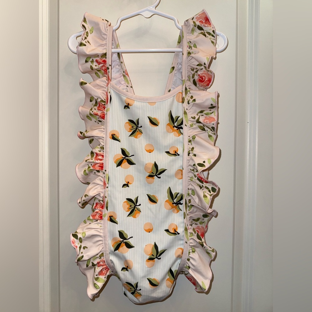 Sweet Honey Girls One Piece Swimsuit Pink Blue Floral Ruffles Bathing Suit Sz 8